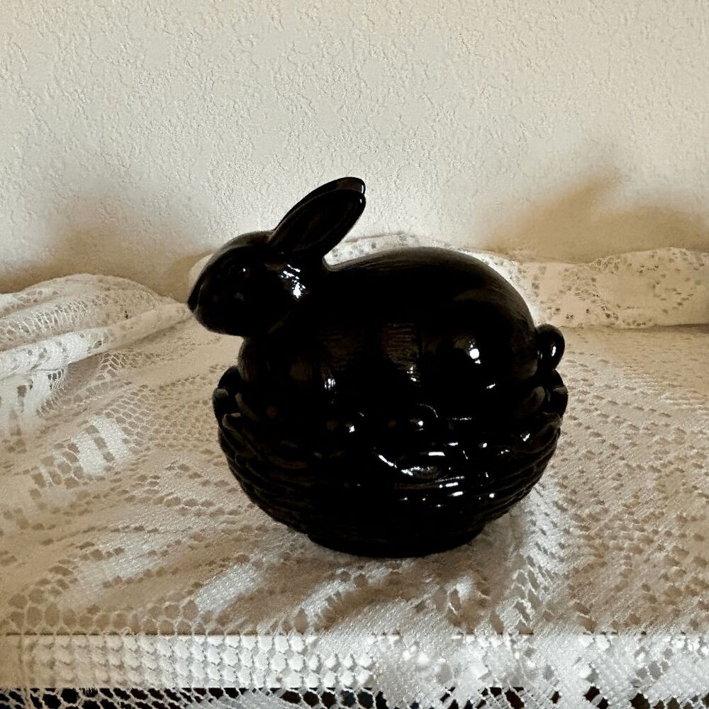 Mosser Glass Ebony Bunny Sitting on Nest of Easter Eggs 4"